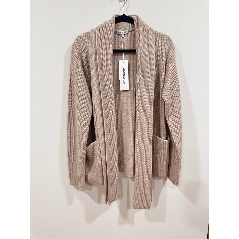 Veronica Beard Annalise Cardigan Oatmeal Scarf Neck Ribbed Knit S